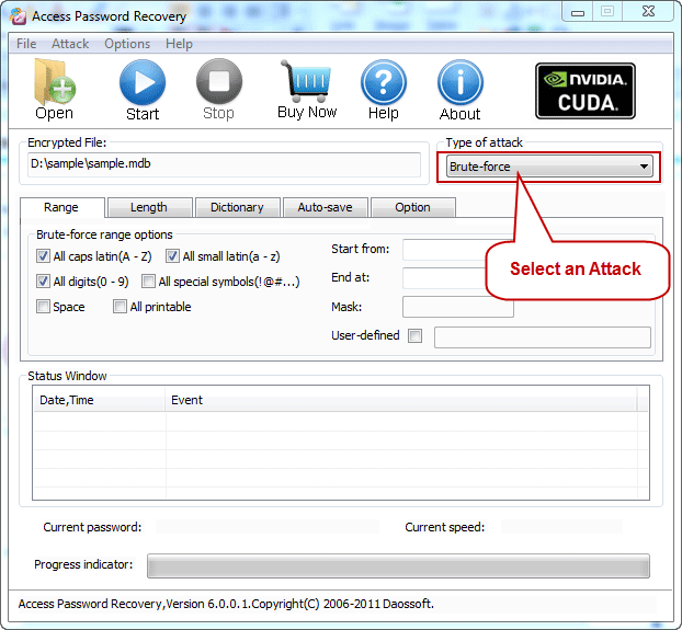 Select an Attack to crack Access password