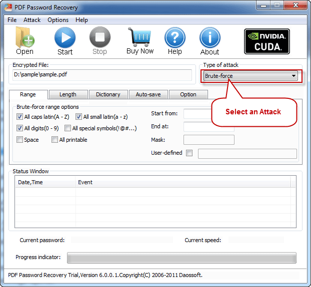 Select an Attack to recover PDF password