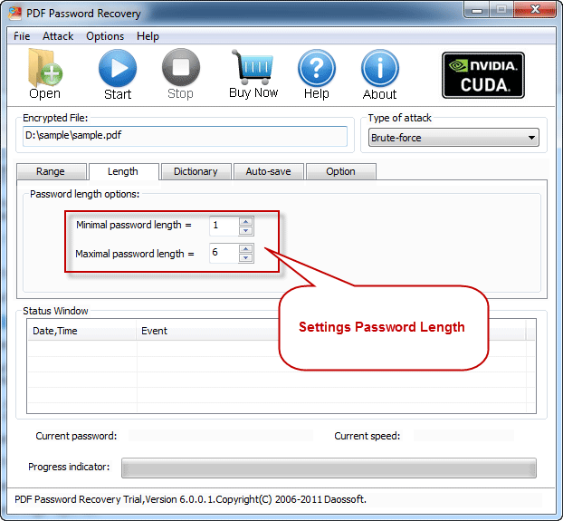 Password length settings with PDF Password Rescuer