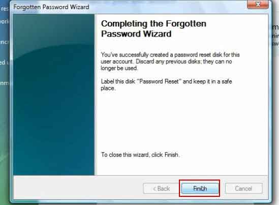 finish creating password reset disk