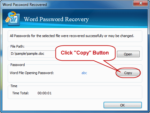 copy recovered password and open protected doc file
