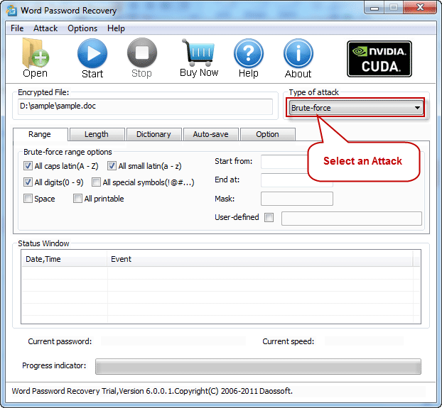Select an Attack method to recover Word password